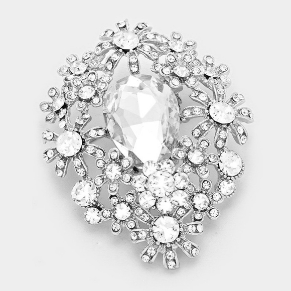 Silver Flower Brooch Crystal Pin Cluster Style Glass Rhinestones Bling Pendant - Picture 1 of 3